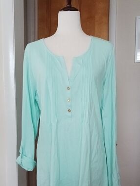 Lilly Pulitzer Tunic Top Knit Adjustable Sleeve Long Vneck Pleated Mint Green XL